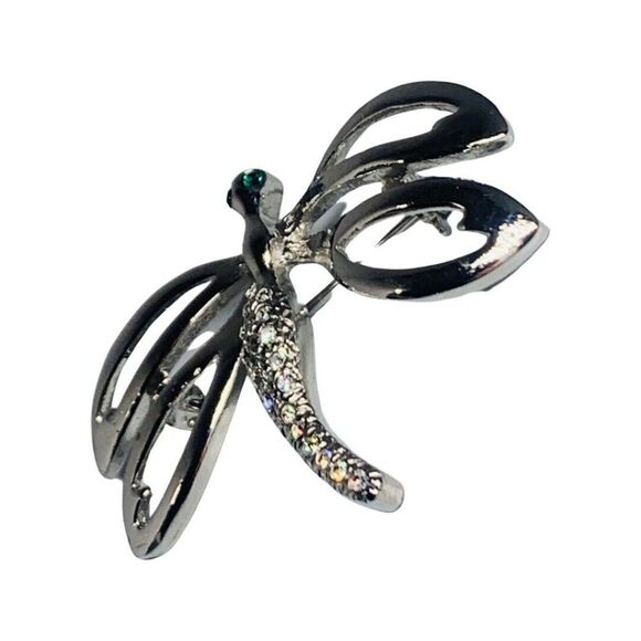Shimmering Crystal Rhinestone Dragon Fly Vintage Silver Tone Brooch Pin 2.75” - Picture 8 of 15